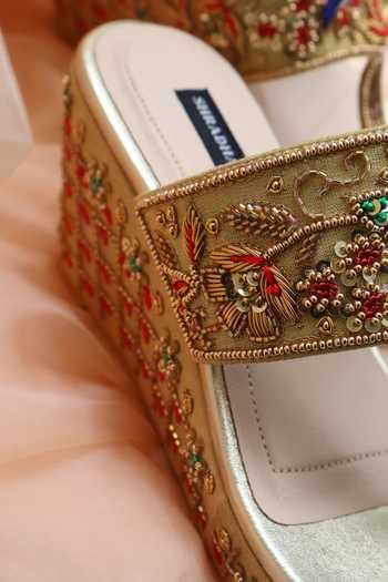 Buy_Shradha Hedau Footwear Couture_Gold Inara Peacock Embroidered Wedges _Online_at_Aza_Fashions