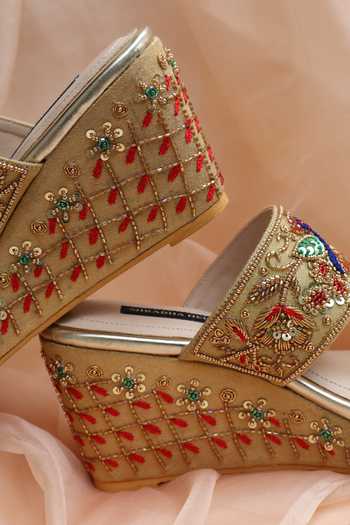 Shop_Shradha Hedau Footwear Couture_Gold Inara Peacock Embroidered Wedges _Online_at_Aza_Fashions
