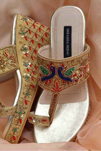 Shradha Hedau Footwear Couture_Gold Inara Peacock Embroidered Wedges _at_Aza_Fashions