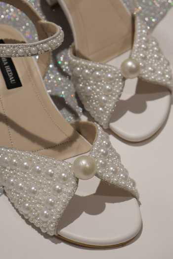 Shradha Hedau Footwear Couture_White Selene Pearl Hand Embellished Heels _at_Aza_Fashions