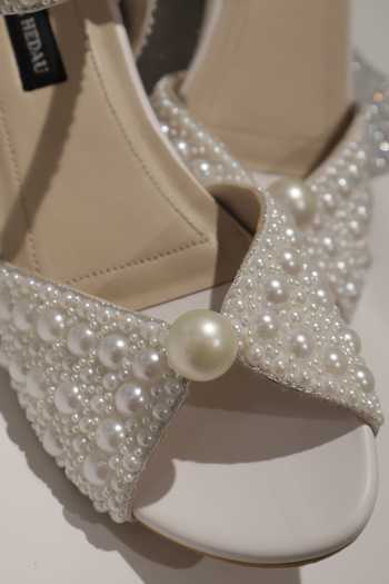 Shop Shradha Hedau Footwear Couture White Selene Pearl Hand Embellished Heels Shop_Shradha Hedau Footwear Couture_White Selene Pearl Hand Embellished Heels