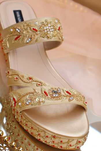 Shradha Hedau Footwear Couture_Gold Sunheri Zardozi Embroidered Wedges _Online_at_Aza_Fashions