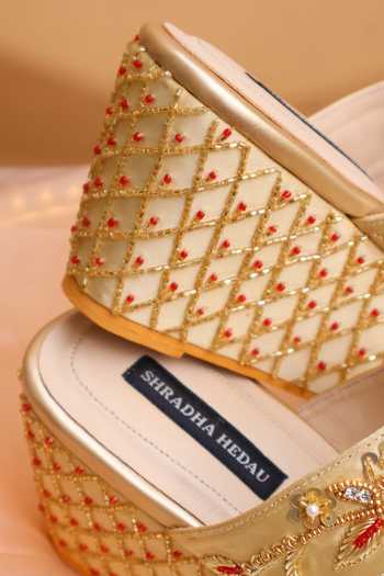 Buy_Shradha Hedau Footwear Couture_Gold Sunheri Zardozi Embroidered Wedges _Online_at_Aza_Fashions