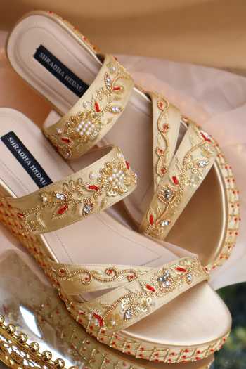 Shop_Shradha Hedau Footwear Couture_Gold Sunheri Zardozi Embroidered Wedges _Online_at_Aza_Fashions