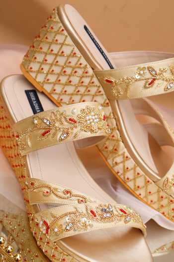 Shradha Hedau Footwear Couture_Gold Sunheri Zardozi Embroidered Wedges _at_Aza_Fashions