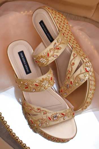 Shradha Hedau Footwear Couture Sunheri Zardozi Embroidered Wedges 