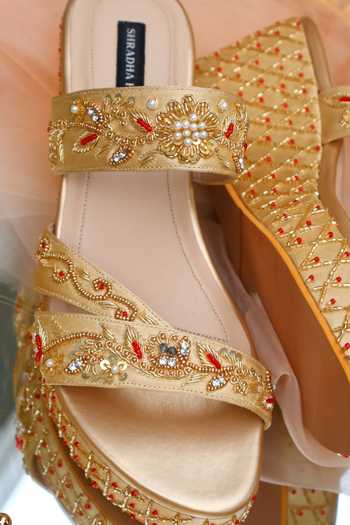 Shradha Hedau Footwear Couture Sunheri Zardozi Embroidered Wedges 