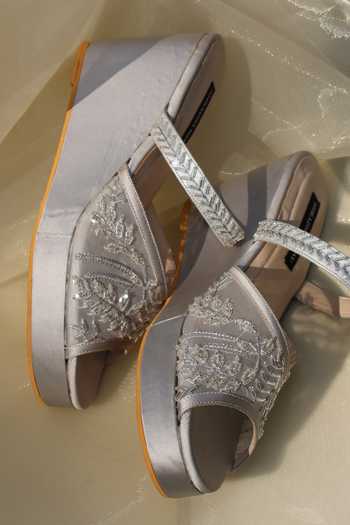 Buy_Shradha Hedau Footwear Couture_Grey Clarion Leaf Embroidered Wedges _Online_at_Aza_Fashions