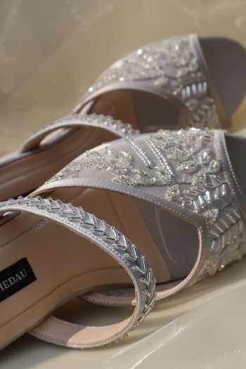 Shop_Shradha Hedau Footwear Couture_Grey Clarion Leaf Embroidered Wedges _Online_at_Aza_Fashions