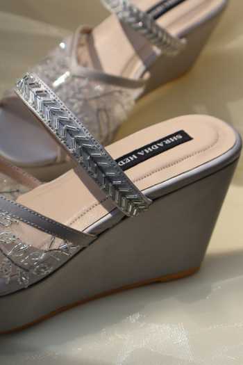 Shradha Hedau Footwear Couture_Grey Clarion Leaf Embroidered Wedges _at_Aza_Fashions