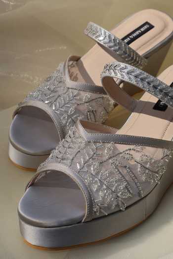 Shop_Shradha Hedau Footwear Couture_Grey Clarion Leaf Embroidered Wedges 