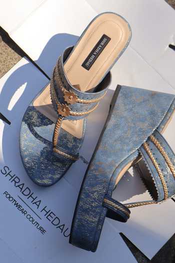 Shop_Shradha Hedau Footwear Couture_Blue Avni Kolhapuri Wedges _Online_at_Aza_Fashions