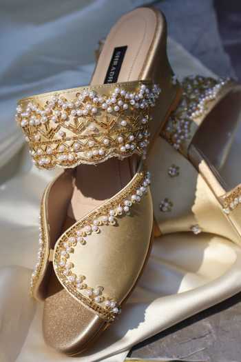 Shradha Hedau Footwear Couture_Gold Isha Hand Embellished Wedges _Online_at_Aza_Fashions