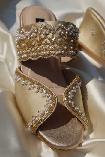 Shop_Shradha Hedau Footwear Couture_Gold Isha Hand Embellished Wedges _Online_at_Aza_Fashions