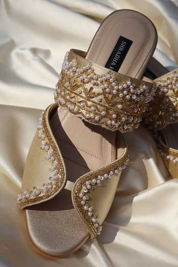 Shradha Hedau Footwear Couture_Gold Isha Hand Embellished Wedges _at_Aza_Fashions