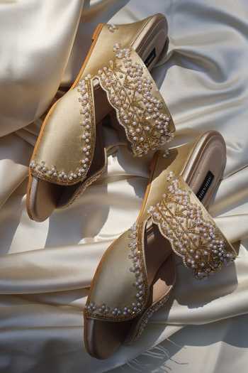 Shop Shradha Hedau Footwear Couture Gold Isha Hand Embellished Wedges Shop_Shradha Hedau Footwear Couture_Gold Isha Hand Embellished Wedges