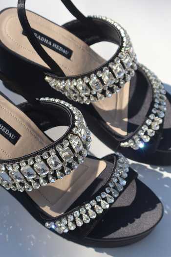 Buy_Shradha Hedau Footwear Couture_Black Zara Tiered Embellished Straps Block Wedges _Online_at_Aza_Fashions