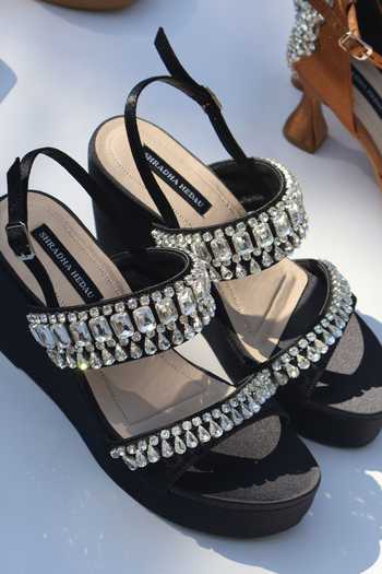 Shop_Shradha Hedau Footwear Couture_Black Zara Tiered Embellished Straps Block Wedges _Online_at_Aza_Fashions