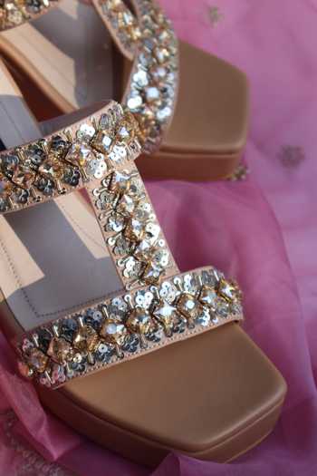 Shradha Hedau Footwear Couture_Beige Kyra Embellished T Strap Wedges _Online_at_Aza_Fashions