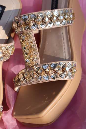 Buy_Shradha Hedau Footwear Couture_Beige Kyra Embellished T Strap Wedges _Online_at_Aza_Fashions