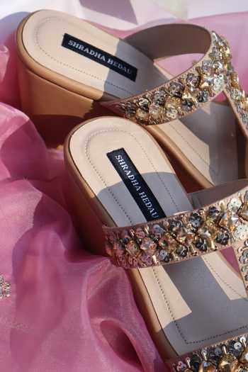 Shop_Shradha Hedau Footwear Couture_Beige Kyra Embellished T Strap Wedges _Online_at_Aza_Fashions