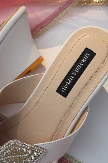 Shop_Shradha Hedau Footwear Couture_White Mariposa Embellished Motif Wedges _Online_at_Aza_Fashions