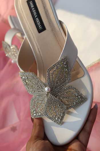 Shradha Hedau Footwear Couture_White Mariposa Embellished Motif Wedges _at_Aza_Fashions