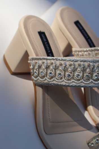 Shradha Hedau Footwear Couture_Beige Zahra Embroidered Twin Strap Block Heels _Online_at_Aza_Fashions