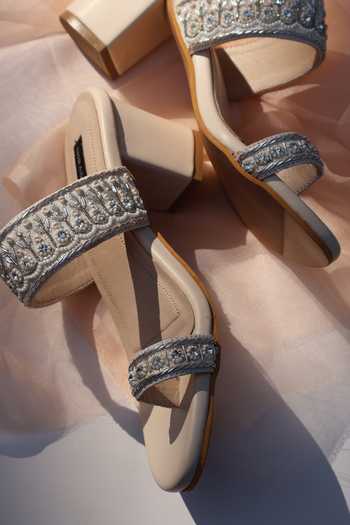 Shradha Hedau Footwear Couture_Beige Zahra Embroidered Twin Strap Block Heels _at_Aza_Fashions