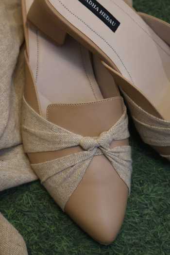 Shradha Hedau Footwear Couture_Beige Elihra Lace Crossover Strap Mule Heels _at_Aza_Fashions