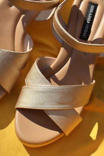 Shradha Hedau Footwear Couture_Gold Kiaara Criss Cross Strap Wedges _Online_at_Aza_Fashions