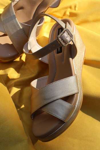 Buy_Shradha Hedau Footwear Couture_Gold Kiaara Criss Cross Strap Wedges _Online_at_Aza_Fashions