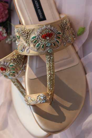 Shop_Shradha Hedau Footwear Couture_Beige Anya Embroidered Kolhapuri Mules _Online_at_Aza_Fashions