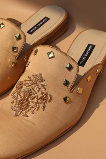 Shradha Hedau Footwear Couture_Beige Ved Metallic Crest Slip-on Mules _Online_at_Aza_Fashions