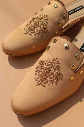 Shop_Shradha Hedau Footwear Couture_Beige Ved Metallic Crest Slip-on Mules _Online_at_Aza_Fashions