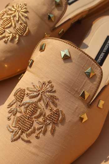 Shradha Hedau Footwear Couture_Beige Ved Metallic Crest Slip-on Mules _at_Aza_Fashions
