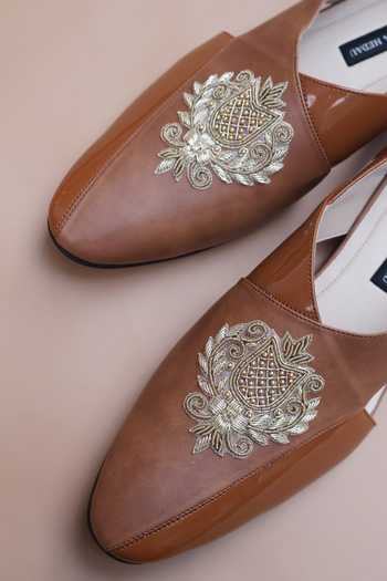 Buy_Shradha Hedau Footwear Couture_Tan Alistair Crest Embellished Loafers _Online_at_Aza_Fashions