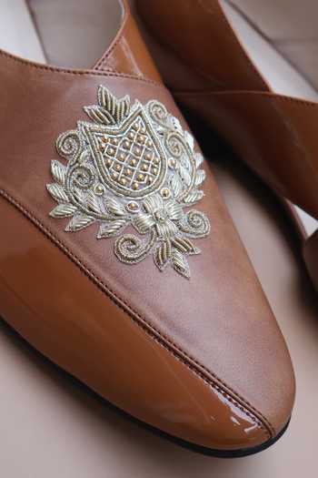 Shop_Shradha Hedau Footwear Couture_Tan Alistair Crest Embellished Loafers _Online_at_Aza_Fashions