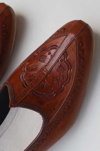 Shop_Shradha Hedau Footwear Couture_Brown Digvijay Etched Mules _Online_at_Aza_Fashions