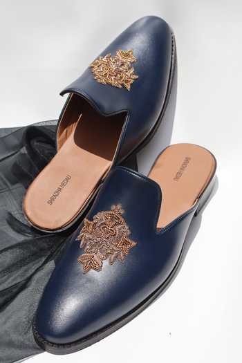Shradha Hedau Footwear Couture_Navy Shaurya Crest Embroidered Slip-on Mules _Online_at_Aza_Fashions