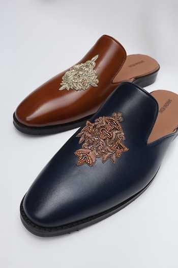Buy_Shradha Hedau Footwear Couture_Navy Shaurya Crest Embroidered Slip-on Mules _Online_at_Aza_Fashions