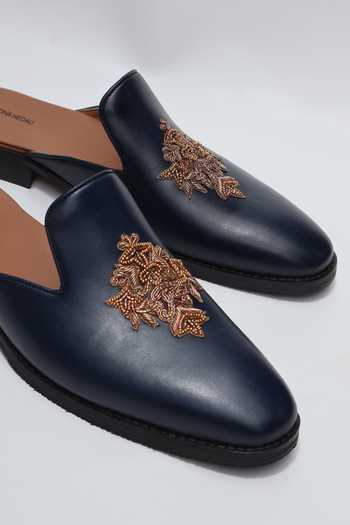 Shop_Shradha Hedau Footwear Couture_Navy Shaurya Crest Embroidered Slip-on Mules _Online_at_Aza_Fashions
