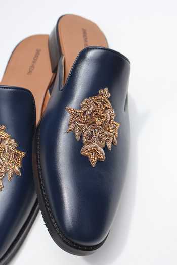 Shradha Hedau Footwear Couture_Navy Shaurya Crest Embroidered Slip-on Mules _at_Aza_Fashions