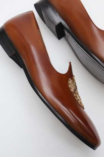 Shradha Hedau Footwear Couture_Brown Adhiraj Crest Motif Almond Toe Loafers _Online_at_Aza_Fashions