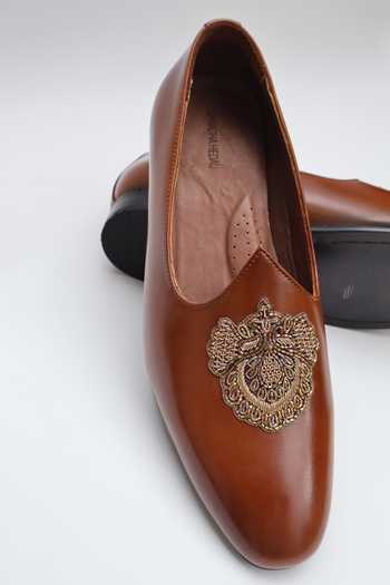 Buy_Shradha Hedau Footwear Couture_Brown Adhiraj Crest Motif Almond Toe Loafers _Online_at_Aza_Fashions