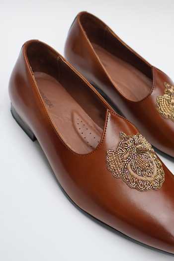 Shop_Shradha Hedau Footwear Couture_Brown Adhiraj Crest Motif Almond Toe Loafers _Online_at_Aza_Fashions