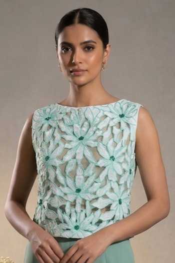 Shop_Thetaa_Green Poplin, Crepe Round Neck Elara Hand Embroidered Top With Pant _Online_at_Aza_Fashions