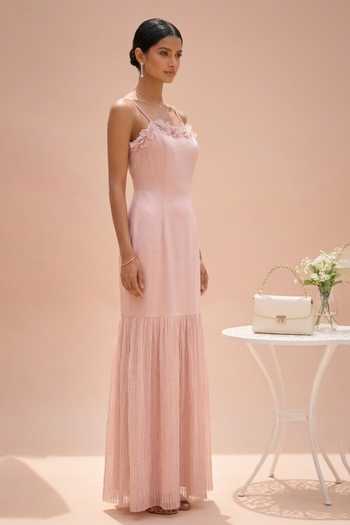 Thetaa Pink Organza, Satin Square Neck Aria Placed Hand Embroidered Maxi Dress Online at Aza Fashions Thetaa_Pink Organza, Satin Square Neck Aria Placed Hand Embroidered Maxi Dress _Online_at_Aza_Fashions