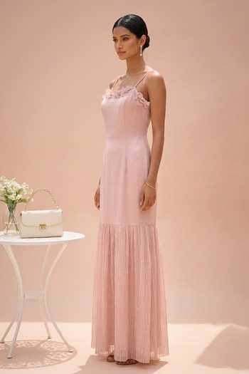 Shop Thetaa Pink Organza, Satin Square Neck Aria Placed Hand Embroidered Maxi Dress Online at Aza Fashions Shop_Thetaa_Pink Organza, Satin Square Neck Aria Placed Hand Embroidered Maxi Dress _Online_at_Aza_Fashions
