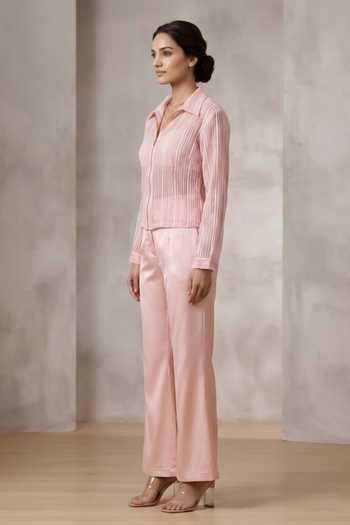 Thetaa_Pink Organza, Satin Collared Neck Aura Stripe Pattern Jacket With Pant _Online_at_Aza_Fashions
